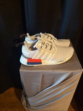 adidas men’s NMD R1 Sneakers - Cream with Red & Blue Accents